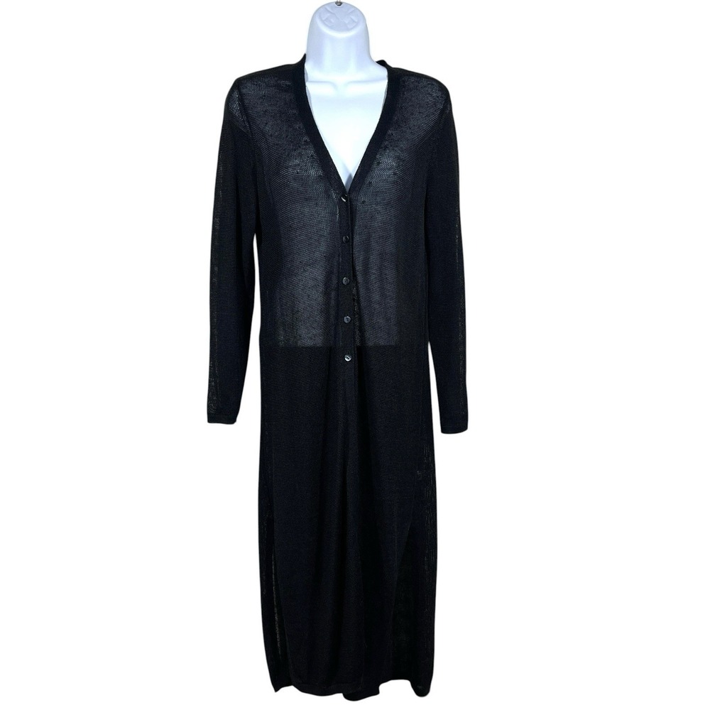 J Jill Open Knit Duster Womens XS Black Linen Blend Button Front Cardigan